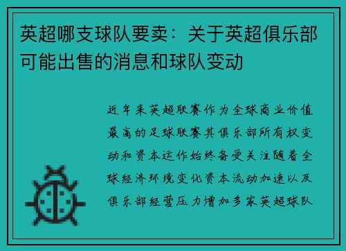 英超哪支球队要卖：关于英超俱乐部可能出售的消息和球队变动